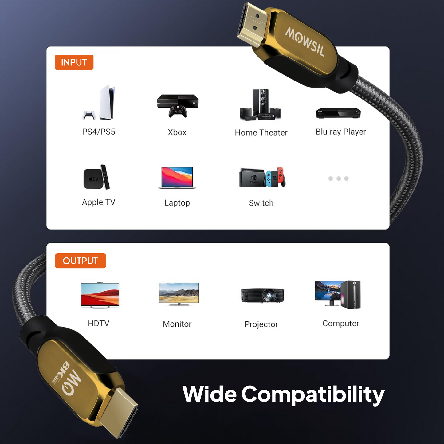 Mowsil 8K HDMI 2.1 Cable 3 Meter – 48Gbps Ultra High-Speed, 8K@60Hz, 4K@120Hz, Braided, Gold-Plated Connectors