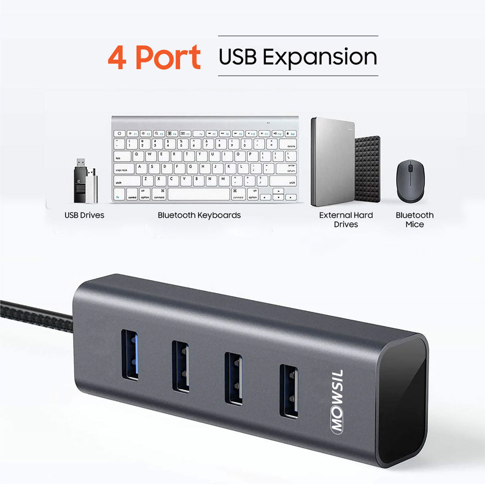 Mowsil 4-Port USB 3.0 Hub – 5Gbps, Charging Port, USB-A Input with USB-C Adapter, Aluminum Compact Dock