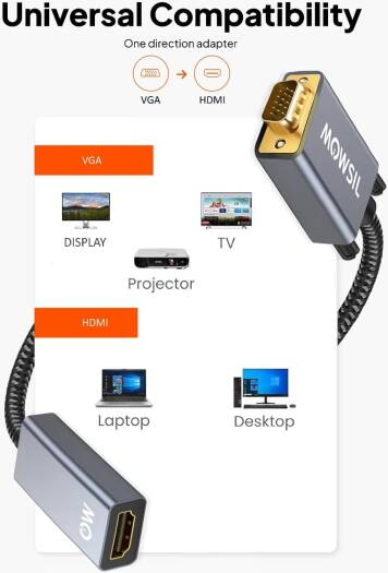 Mowsil VGA to HDMI Adapter 1080p@60Hz | Gold-Plated Aluminum Alloy Converter for PC, Laptop & Projector