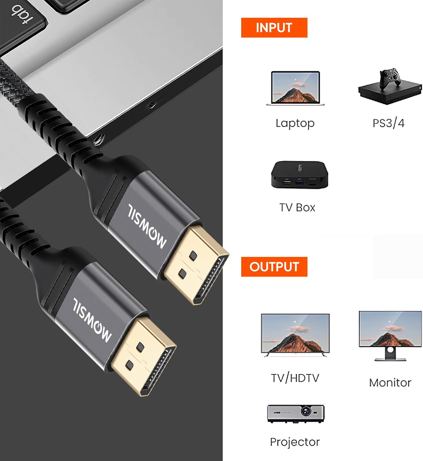 Mowsil 4K DisplayPort Cable DP 1.2 - 2 Meter | 4K@60Hz 2K@165Hz Gold-Plated Braided High-Speed Cable for PC & Gaming Monitor