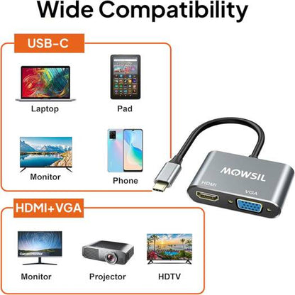 Mowsil USB C to HDMI VGA Adapter, USB Type C to Dual VGA HDMI Splitter Converter