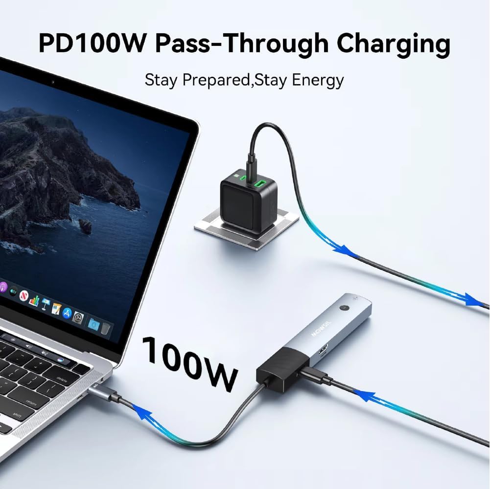 Mowsil 6-in-1 USB-C Hub Docking Station | 4K@60Hz HDMI, 100W PD, RJ45, USB 3.0 &amp; USB-C Ports | MacBook iPad