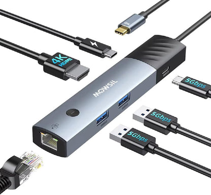Mowsil 6-in-1 USB-C Hub Docking Station | 4K@60Hz HDMI, 100W PD, RJ45, USB 3.0 &amp; USB-C Ports | MacBook iPad