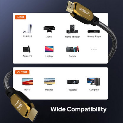 Mowsil 8K HDMI 2.1 Cable 2 Meter – 48Gbps Ultra High-Speed, 8K@60Hz, 4K@120Hz, Braided, Gold-Plated Connectors