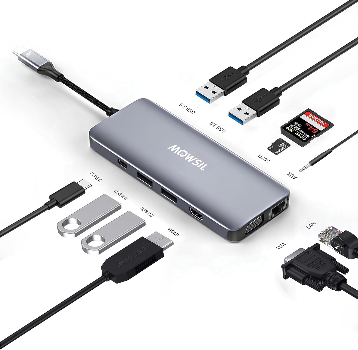 Mowsil 11-in-1 USB-C Hub Docking Station, 100W PD Adapter with HDMI, VGA, RJ45, USB &amp; SD/TF Slots