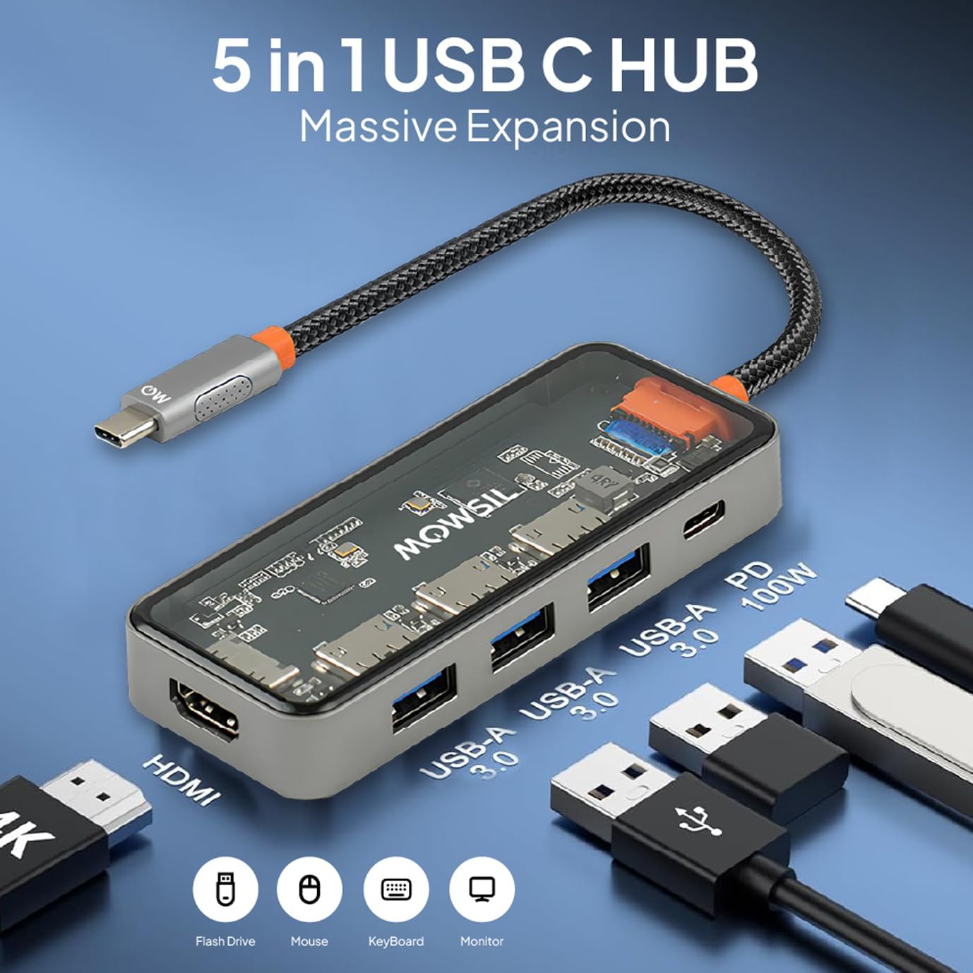 Mowsil 5-in-1 USB-C Hub Adapter | 4K@60Hz HDMI, 100W PD, 3×USB 3.0, USB-C Data Port for MacBook &amp; Laptop