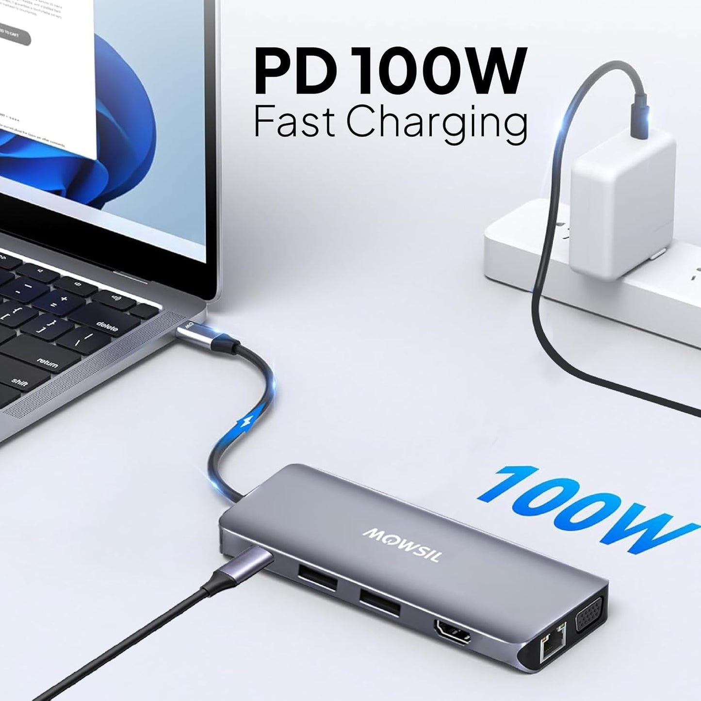 Mowsil 11-in-1 USB-C Hub Docking Station, 100W PD Adapter with HDMI, VGA, RJ45, USB &amp; SD/TF Slots