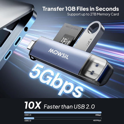 Mowsil 3-in-1 SD Card Reader USB 3.0 &amp; USB-C OTG | Dual Slot Adapter 5Gbps High-Speed for Mac &amp; Windows