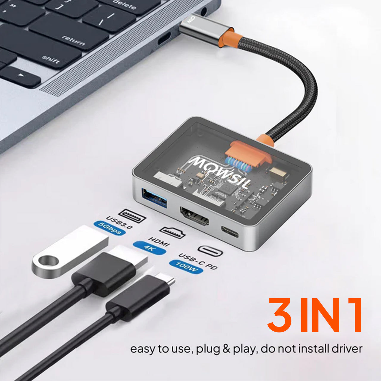 Mowsil USB-C to HDMI Multiport Adapter – 4K@60Hz, USB-A 5Gbps &amp; 100W PD, Zinc Alloy 3-in-1 Dock for MacBook