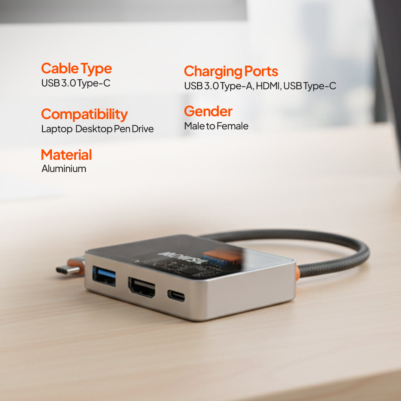 Mowsil USB-C to HDMI Multiport Adapter – 4K@60Hz, USB-A 5Gbps &amp; 100W PD, Zinc Alloy 3-in-1 Dock for MacBook