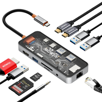 Mowsil 10-in-1 USB-C Hub Docking Station | 100W PD | HDMI 4K 60Hz, RJ45, USB, SD/TF, Audio | MacBook iPad