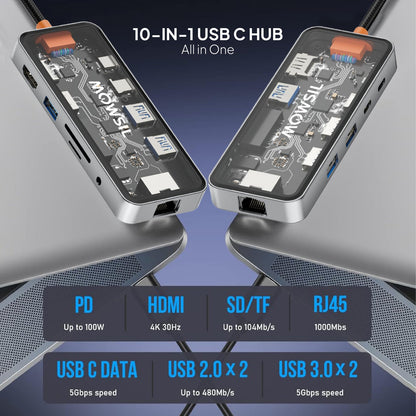 Mowsil 10-in-1 USB-C Hub Docking Station | 100W PD | HDMI 4K 60Hz, RJ45, USB, SD/TF, Audio | MacBook iPad
