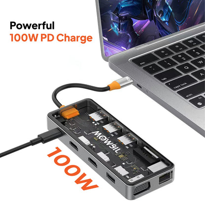 Mowsil 12-in-1 USB-C Hub – 100W PD Dock, Dual HDMI 4K, VGA, USB 3.0, RJ45, SD/TF, Audio, for Mac &amp; Laptop