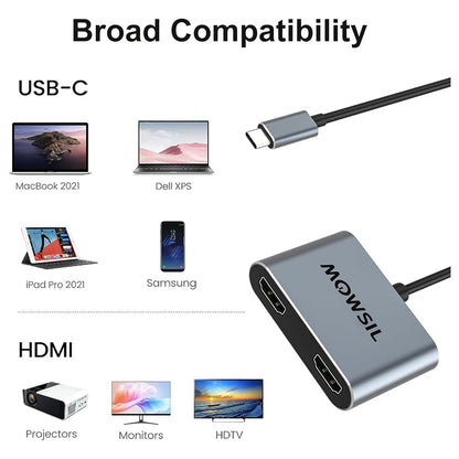 Mowsil USB-C Dual HDMI Converter | 4K@60Hz, Thunderbolt 3/4, Plug &amp; Play Hub for MacBook, iPad &amp; Laptops