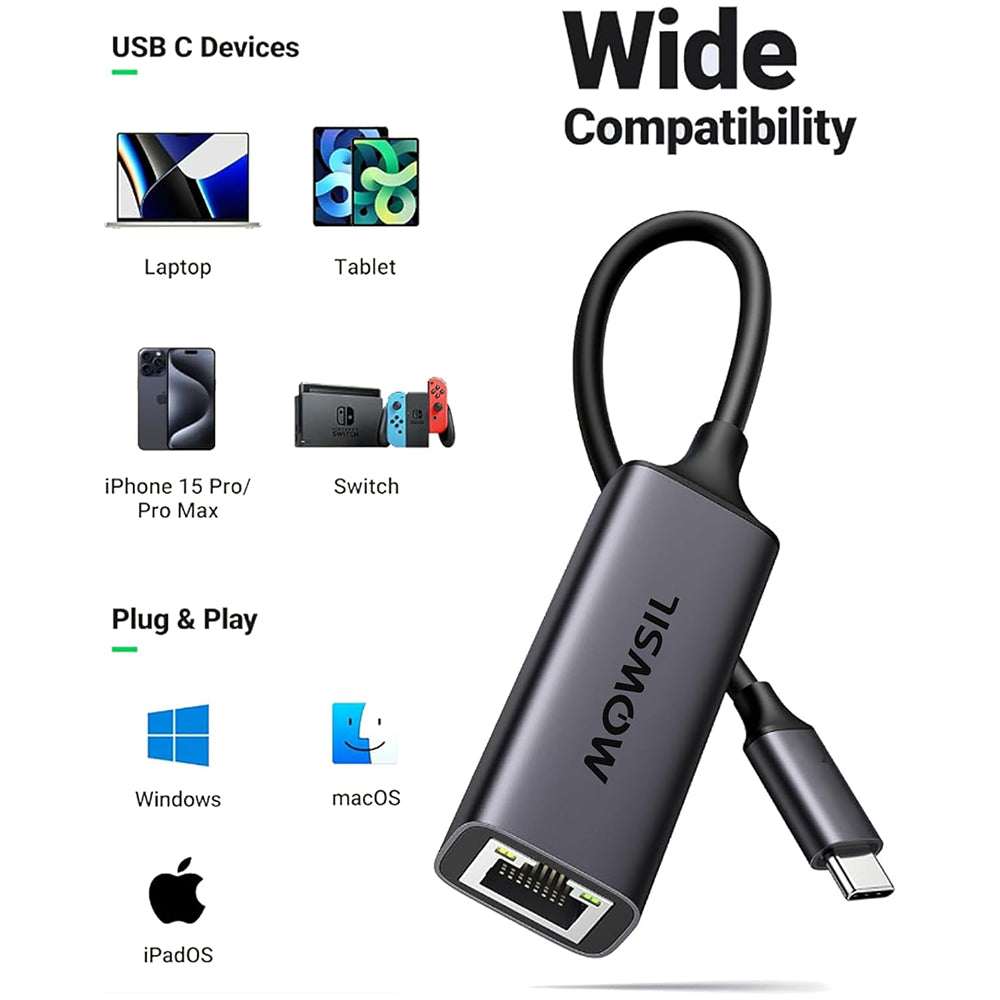 Mowsil USB-C to Ethernet Adapter – Gigabit RJ45 LAN, 1000Mbps, Thunderbolt 3/4 Compatible, Plug &amp; Play