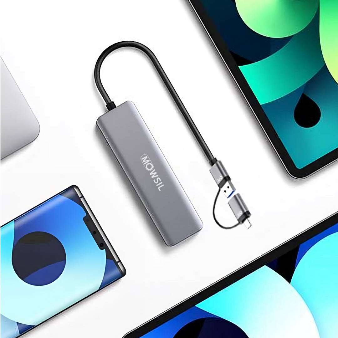Mowsil 4-Port USB 3.0 Hub – 5Gbps High-Speed, Charging Port, USB-C Adapter, Aluminum Laptop Dock