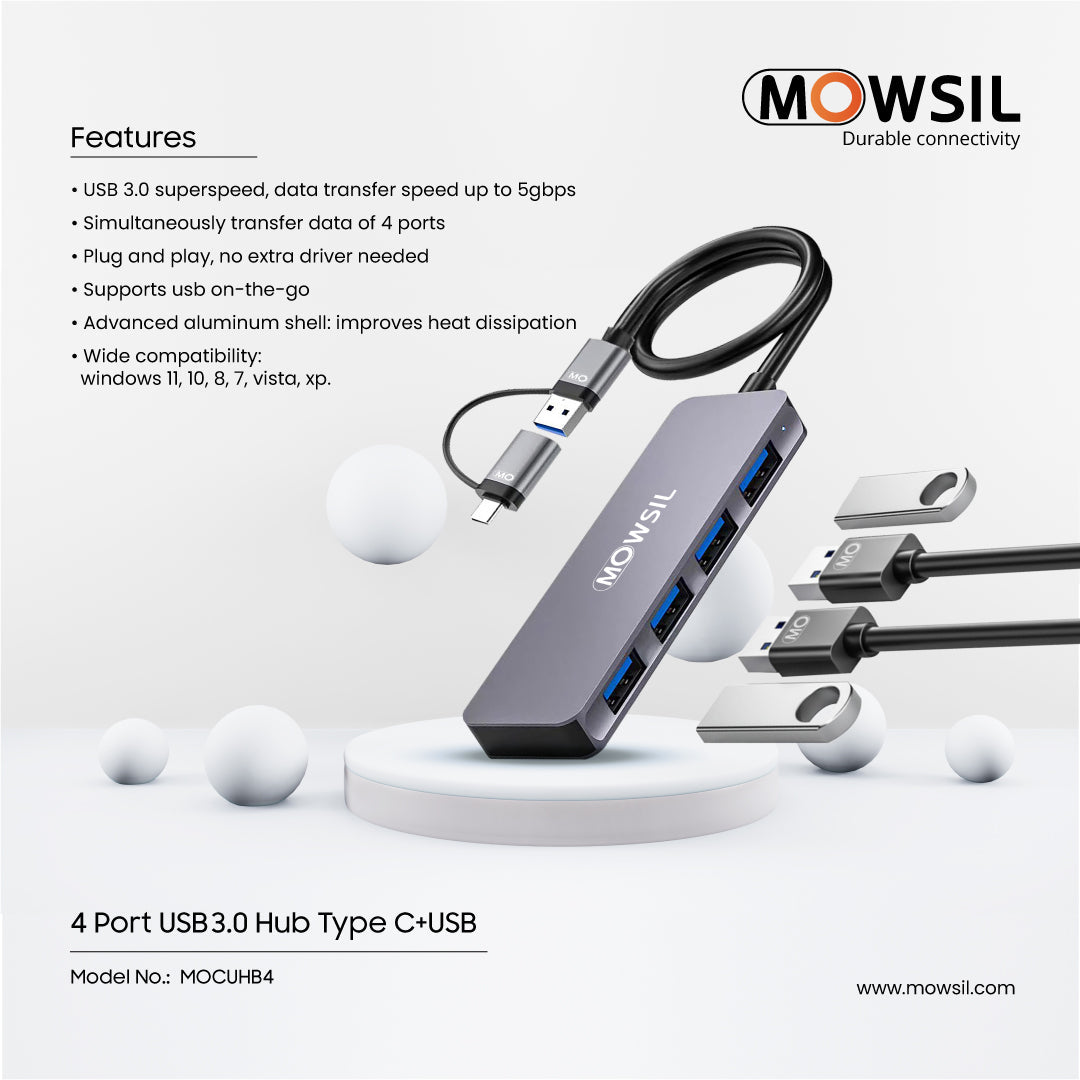 Mowsil 4-Port USB 3.0 Hub – 5Gbps High-Speed, Charging Port, USB-C Adapter, Aluminum Laptop Dock
