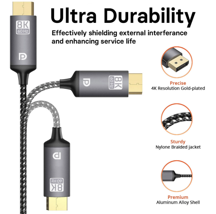 Mowsil 8K DisplayPort Cable DP 1.4 - 2 Meter| 8K@60Hz 4K@144Hz Gold-Plated Braided High-Speed Cable for PC &amp; Gaming Monitor