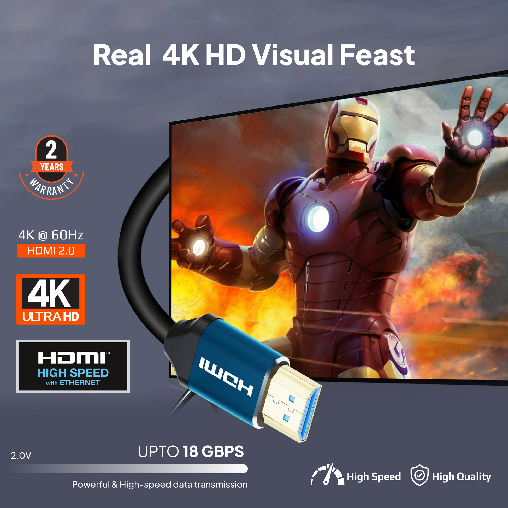 Mowsil HDMI 2.0 Cable 1 Meter | 4K@60Hz Ultra HD, 18Gbps High Speed, HDR, 3D, Gold-Plated | TV PC PS5 Monitor