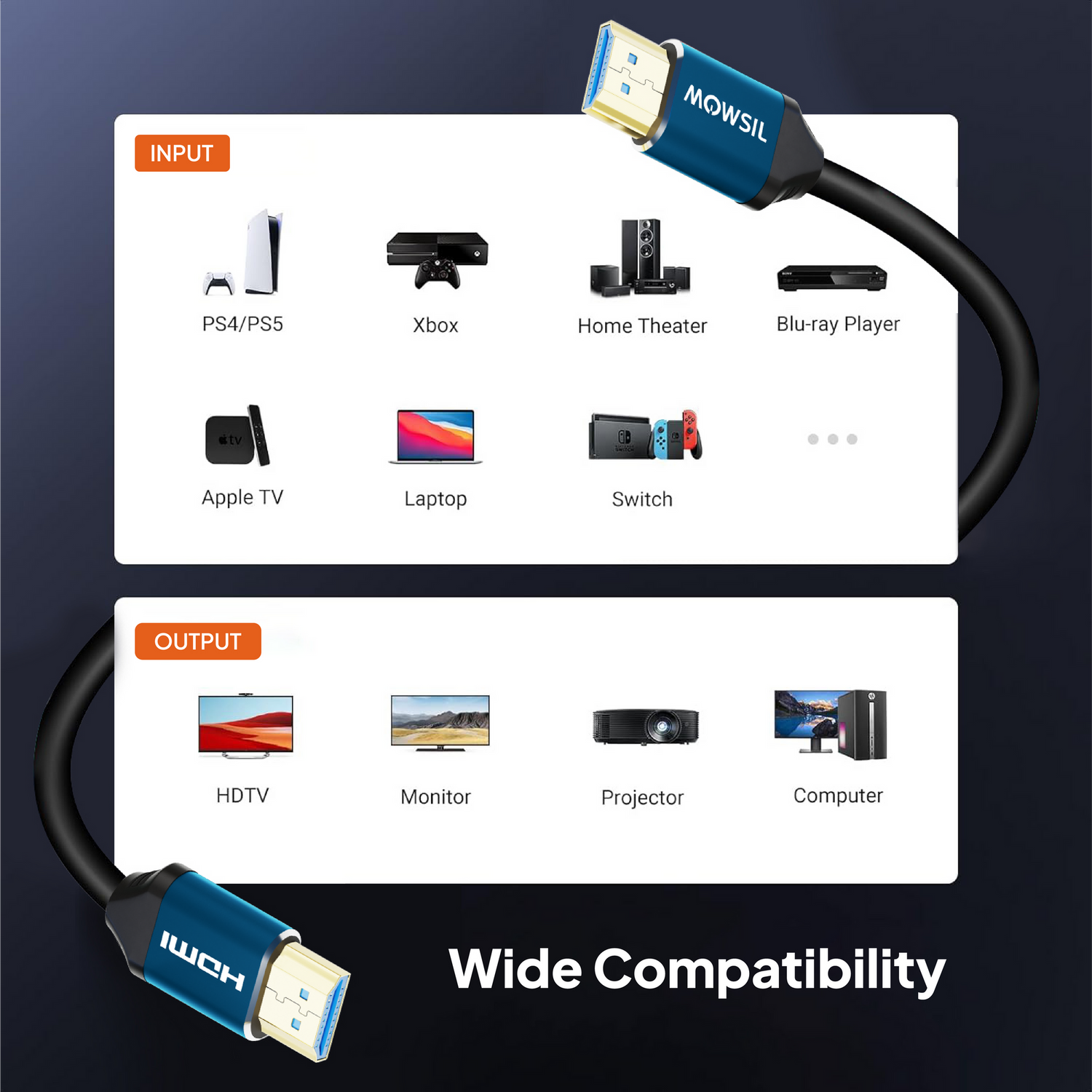 Mowsil HDMI 2.0 Cable 1 Meter | 4K@60Hz Ultra HD, 18Gbps High Speed, HDR, 3D, Gold-Plated | TV PC PS5 Monitor
