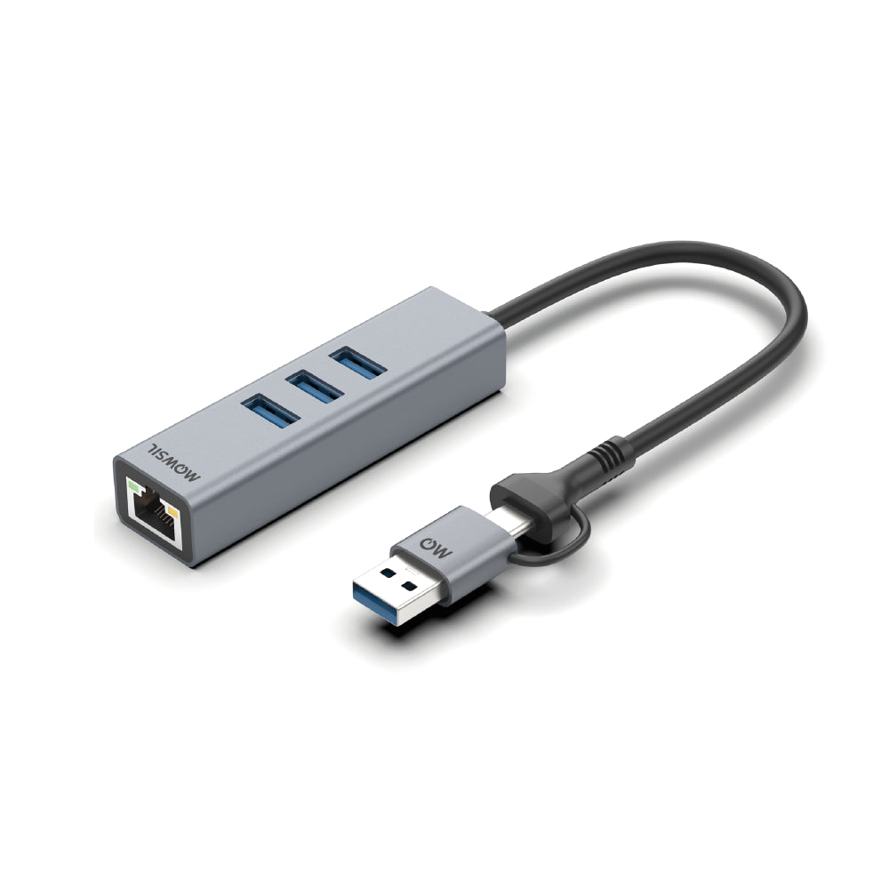 Mowsil USB 3.0 Hub – 3× USB-A, Gigabit Ethernet &amp; Charging Port, USB-A to USB-C Adapter, Aluminum Dock