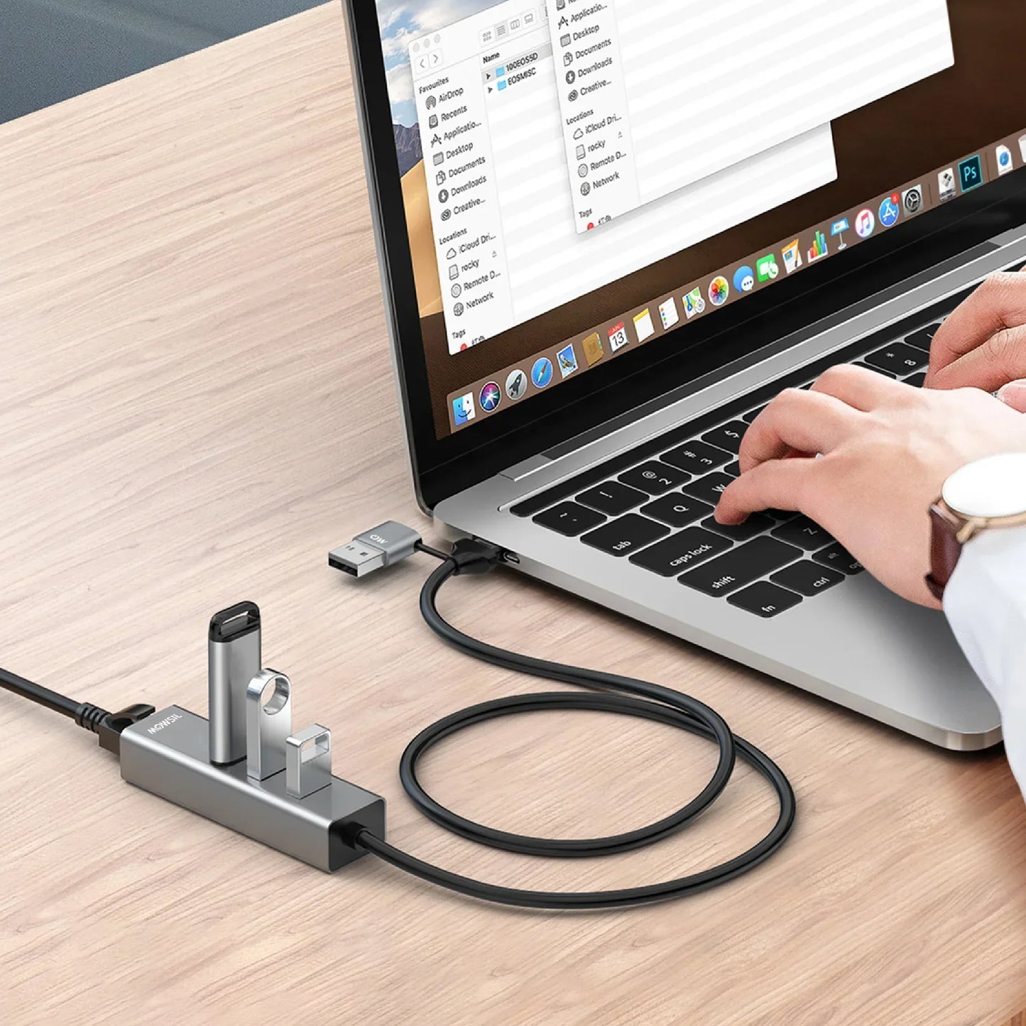 Mowsil USB 3.0 Hub – 3× USB-A, Gigabit Ethernet &amp; Charging Port, USB-A to USB-C Adapter, Aluminum Dock