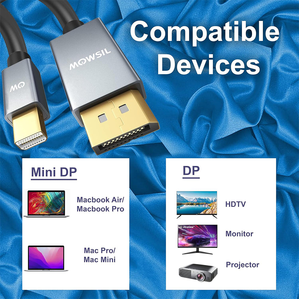 Mowsil Mini DisplayPort to DisplayPort Cable -2 Meter – 4K@60Hz, Gold-Plated, High-Speed Mini DP to DP Cable for Mac &amp; PC