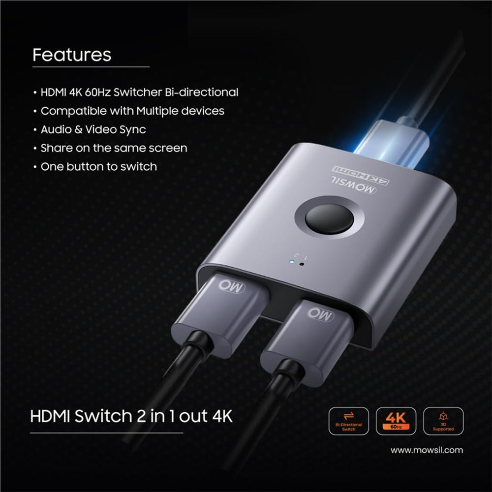 Mowsil HDMI Switch 2-in-1 Out – 4K@60Hz Bi-Directional HDMI Splitter with Cable, 3D, 1080P, Plug &amp; Play