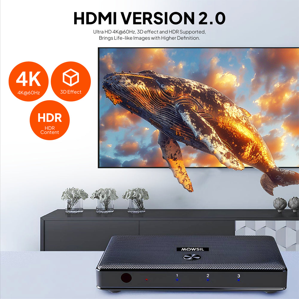 Mowsil 3-Port HDMI Switch 4K@60Hz – HDMI 2.0, 18Gbps, HDR, HDCP 2.2, 3D, IR Remote, Plug &amp; Play