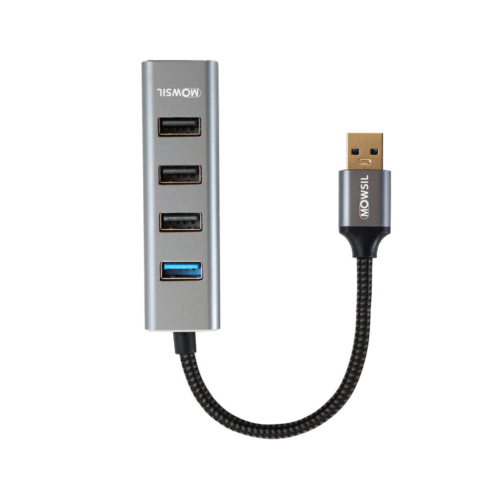 Mowsil 4-Port USB 3.0 Hub – 5Gbps, Charging Port, USB-A Input with USB-C Adapter, Aluminum Compact Dock