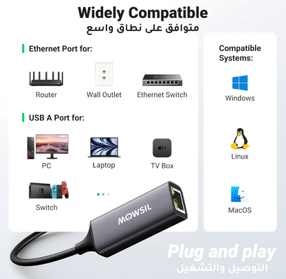 Mowsil USB 3.0 to Ethernet Adapter – Gigabit 1000Mbps RJ45 LAN Converter, Aluminum Body, Plug &amp; Play