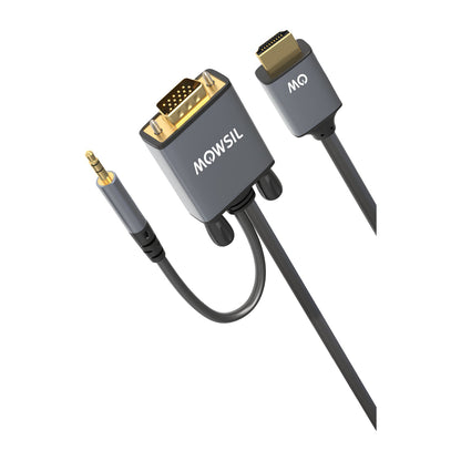 Mowsil VGA to HDMI Cable with Audio - 2 Meter | Full HD 1080p@60Hz, Gold-Plated, Aluminum Shell, Built-in Audio | PC Laptop