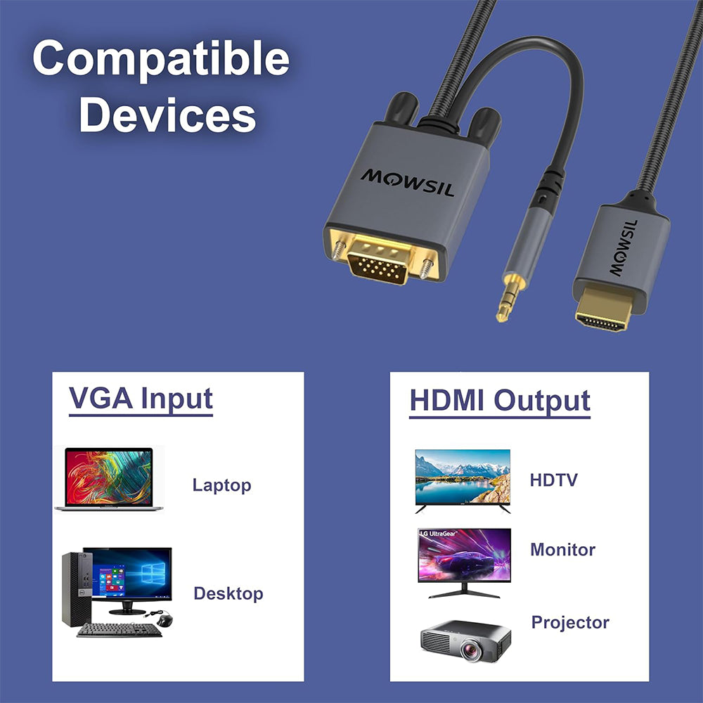 Mowsil VGA to HDMI Cable with Audio - 2 Meter | Full HD 1080p@60Hz, Gold-Plated, Aluminum Shell, Built-in Audio | PC Laptop