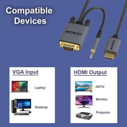 Mowsil VGA to HDMI Cable with Audio - 2 Meter | Full HD 1080p@60Hz, Gold-Plated, Aluminum Shell, Built-in Audio | PC Laptop