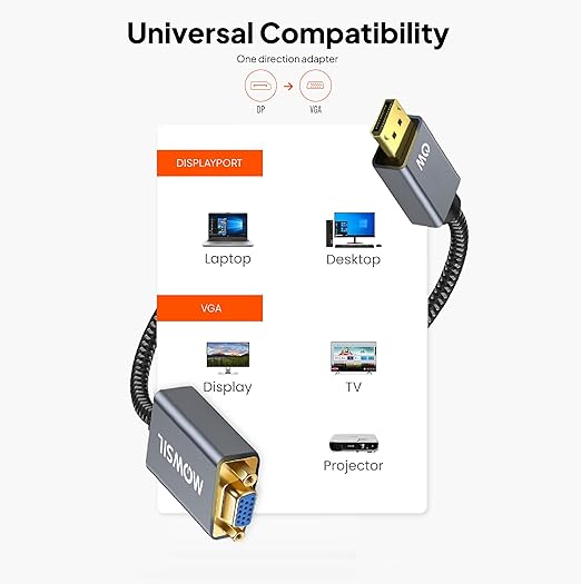 Mowsil DisplayPort to VGA Adapter – 1080p@60Hz, Gold-Plated, Plug &amp; Play Converter for PC, Laptop &amp; Monitor