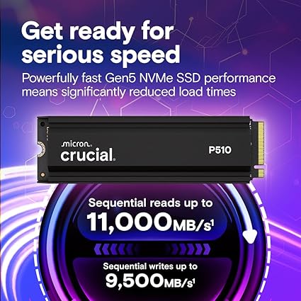 Crucial P510 PCIe Gen5 NVMe 1TB SSD with Heatsink, Up to 11,000MB/s, TLC NAND, Laptop &amp; Desktop (PC) Compatible, for Gamers &amp; Creatives, Solid State Drive
