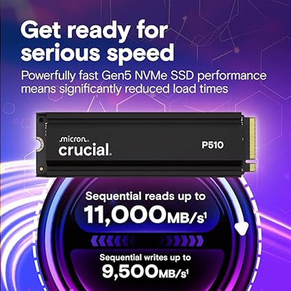 Crucial P510 PCIe Gen5 NVMe 1TB SSD with Heatsink, Up to 11,000MB/s, TLC NAND, Laptop &amp; Desktop (PC) Compatible, for Gamers &amp; Creatives, Solid State Drive