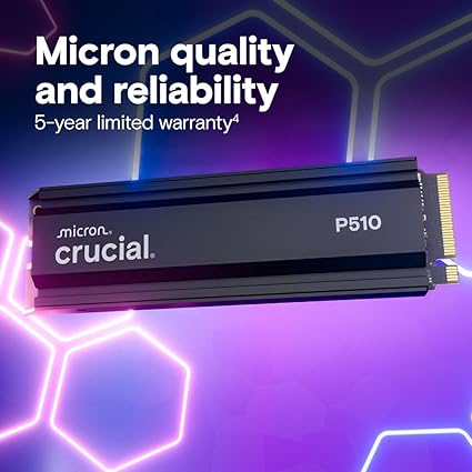 Crucial P510 PCIe Gen5 NVMe 1TB SSD with Heatsink, Up to 11,000MB/s, TLC NAND, Laptop &amp; Desktop (PC) Compatible, for Gamers &amp; Creatives, Solid State Drive