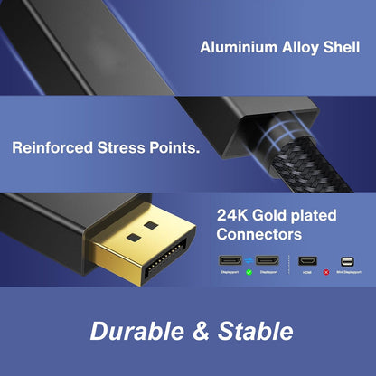 Mowsil USB-C to DisplayPort Cable 2 Meter – 4K@60Hz, 2K@144Hz, Braided Aluminum Alloy, Thunderbolt 3/4 Compatible