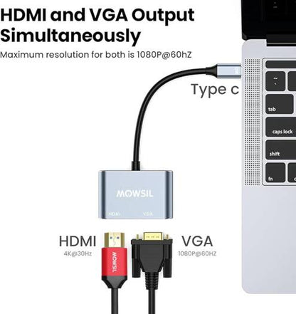 Mowsil USB C to HDMI VGA Adapter, USB Type C to Dual VGA HDMI Splitter Converter