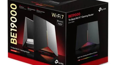 TP-Link BE19000 Wi-Fi 7 gaming router packaging on a white background