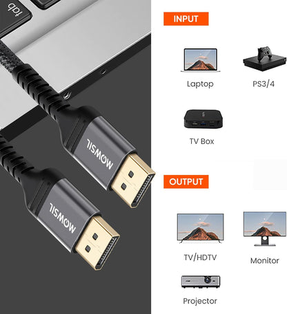 Mowsil 4K DisplayPort Cable DP 1.2 - 2 Meter | 4K@60Hz 2K@165Hz Gold-Plated Braided High-Speed Cable for PC &amp; Gaming Monitor
